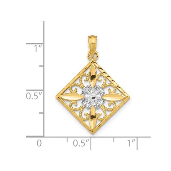 14K Yellow Gold Flower and Cross Square Charm Pendant (NO CHAIN)